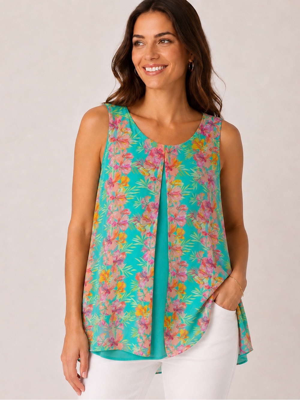 C Est 1946 Floral Scoop Neck Turquoise Tank Top L